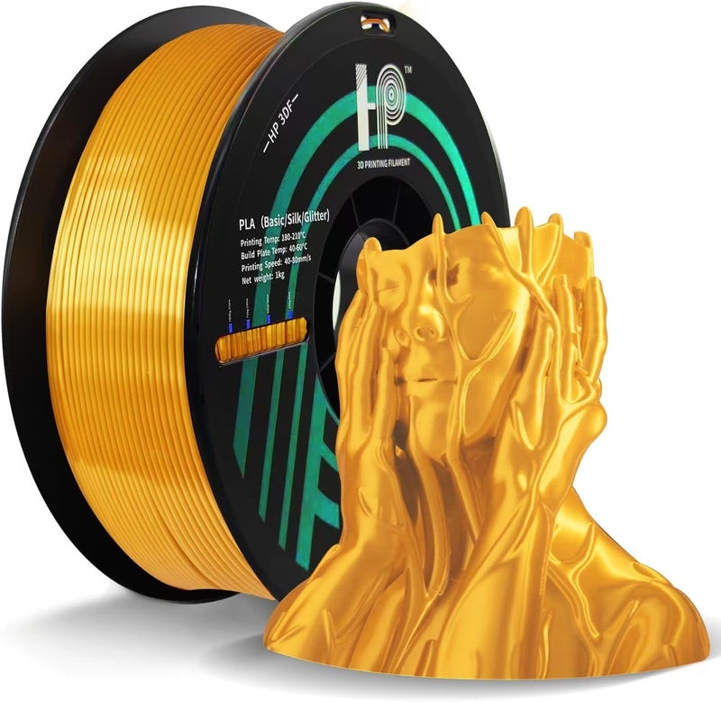 HP3DF PLA Filament, Silk PLA, 3D Printer Filament, PLA Filament 1.75mm Dimensional Accuracy +/- 0.02mm, 1KG Spool (2.2 lbs), Fit Most FDM Printer (Silk Gold) - Image 1